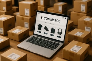 Computadora con una tienda ecommerce en pantalla, rodeada de paquetes listos para despachar